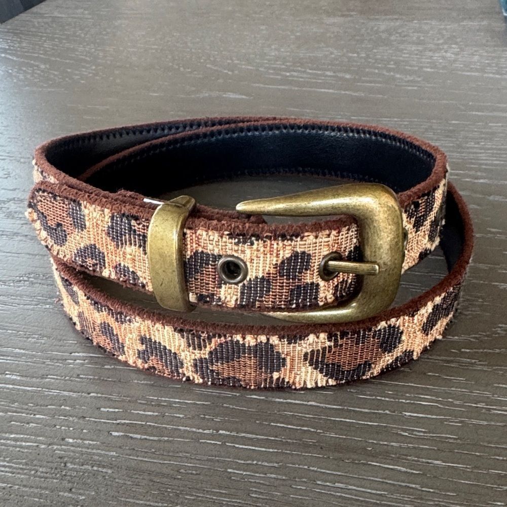 ELITE Accessories Fabric Leopard Print Belt Antiqued Gold Buckle Made in USA L
